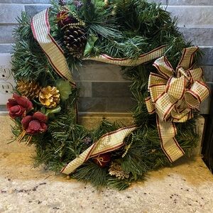 Festive Green Holiday Wreath with Red and Gold  accents Christmas 16”
